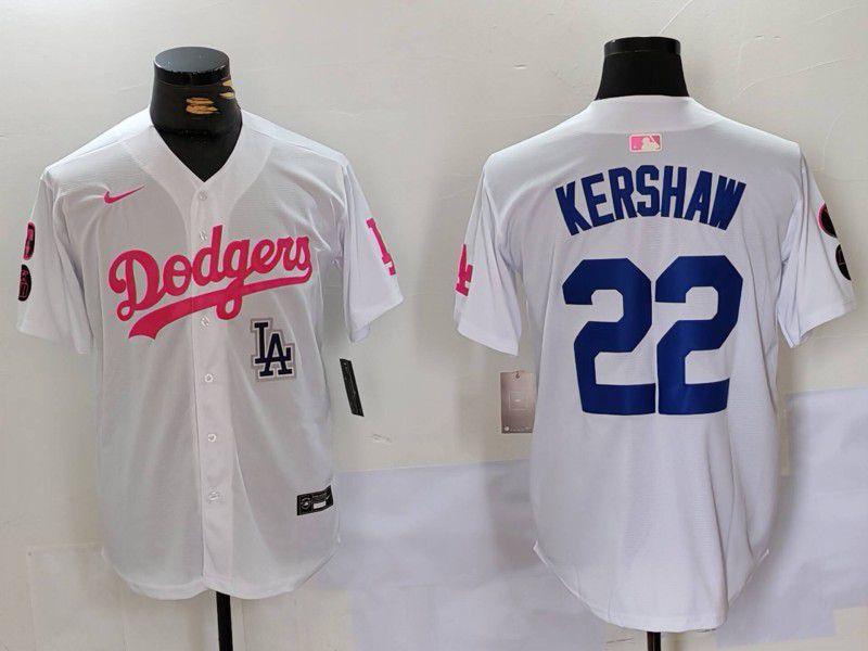 Men Los Angeles Dodgers #22 Kershaw White pink joint name 2024 Nike MLB Jersey style 5